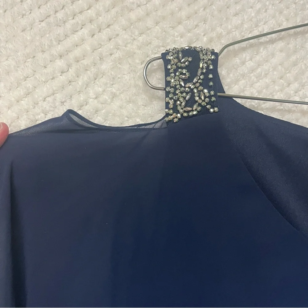 Betsy & Adam Navy Blue Cold Shoulder Popover Dress Embellished Cuffs Size 10 - Picture 7 of 12